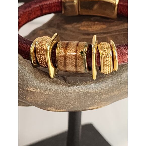 NEW Divine Debris Artisan Leather Bracelet Gold Magnetic Bangle Ceramic Accent - Picture 5 of 6